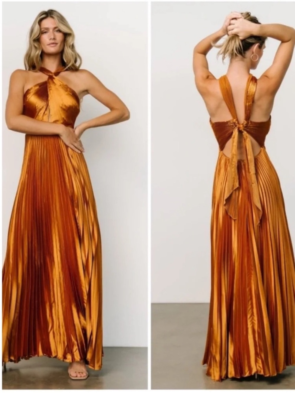 Baltic Born Metallic Copper Halter Pleated Maxi Dress